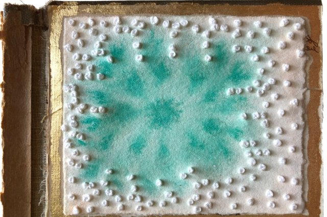 Source: Emily Jalinsky | Transcending in Form: Finding Resilience (detail)&nbsp;    Watercolor, embroidery on paper, gold leaf on found book cover assemblage.&nbsp;    Inside look at materials from Jalinsky: This piece was part of a series of small works I carried with me while I traveled. I had a stack of left-over Rives BFK printmaking paper scraps from previous print runs, along with a bag of embroidery floss, micron pens, and watercolors. When I got back home I mounted them on book covers cut to fit their small, delicate size. However, they were framed larger with layers of handmade papers and white mat-board edged with gold leaf.