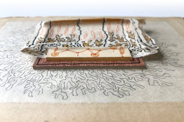 Source: Emily Jalinsky | Art Offering: Fits in Two Hands Held to the Chest #1&nbsp;    Graphite, pen and ink, watercolor, folded and mounted paper with found book cover assemblage.    Inside look at materials from Jalinsky: This started as the middle folded piece during a process-based meditation practice. The smaller pieces of a found book cover in the middle of this piece were part of a cover that has been cut into strips and used in two other pieces I’ve made recently. Most of my stash of vintage books are from second-hand shops in Lawrence, KS and Haunted Bookshop in Iowa City.